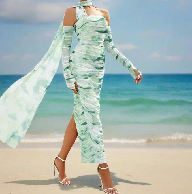 Halter Open Shoulder Printed Lace Fold Midi Dress Mssaz Desses
