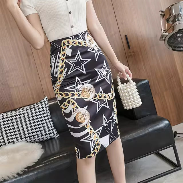 Casual Stars Print Stretch Knee Length Midi Vintage Pencil Skirt Mssza