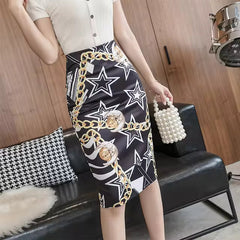 Casual Stars Print Stretch Knee Length Midi Vintage Pencil Skirt Mssza