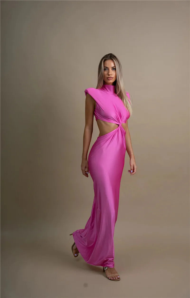 Hollow Out Turtleneck Solid Maxi Dress Mssaz Desses