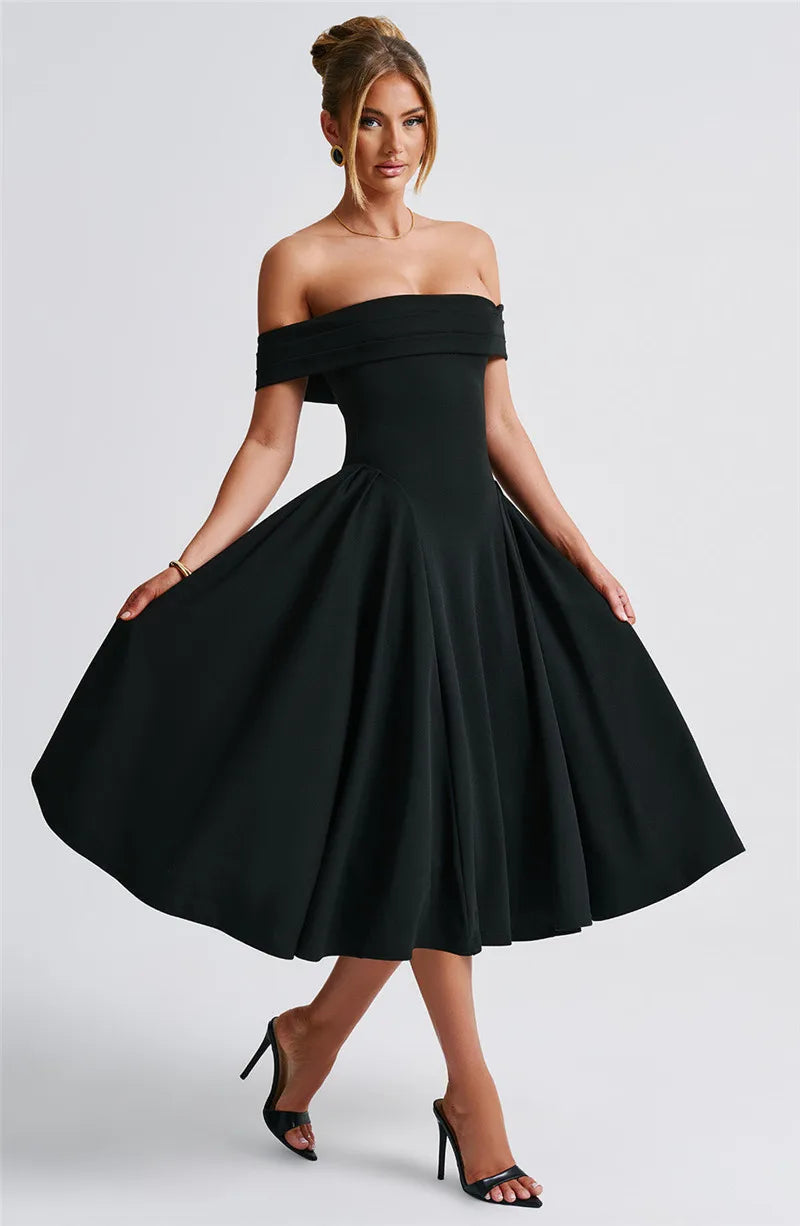 Off-Shoulder Flare Midi Dress Mssaz Desses