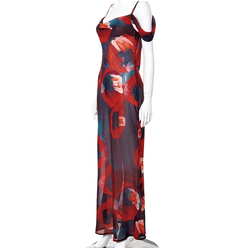 Boho Floral Holiday  Evening Party Mesh Sundress Vacation Spaghetti A-line Mssaz Desses