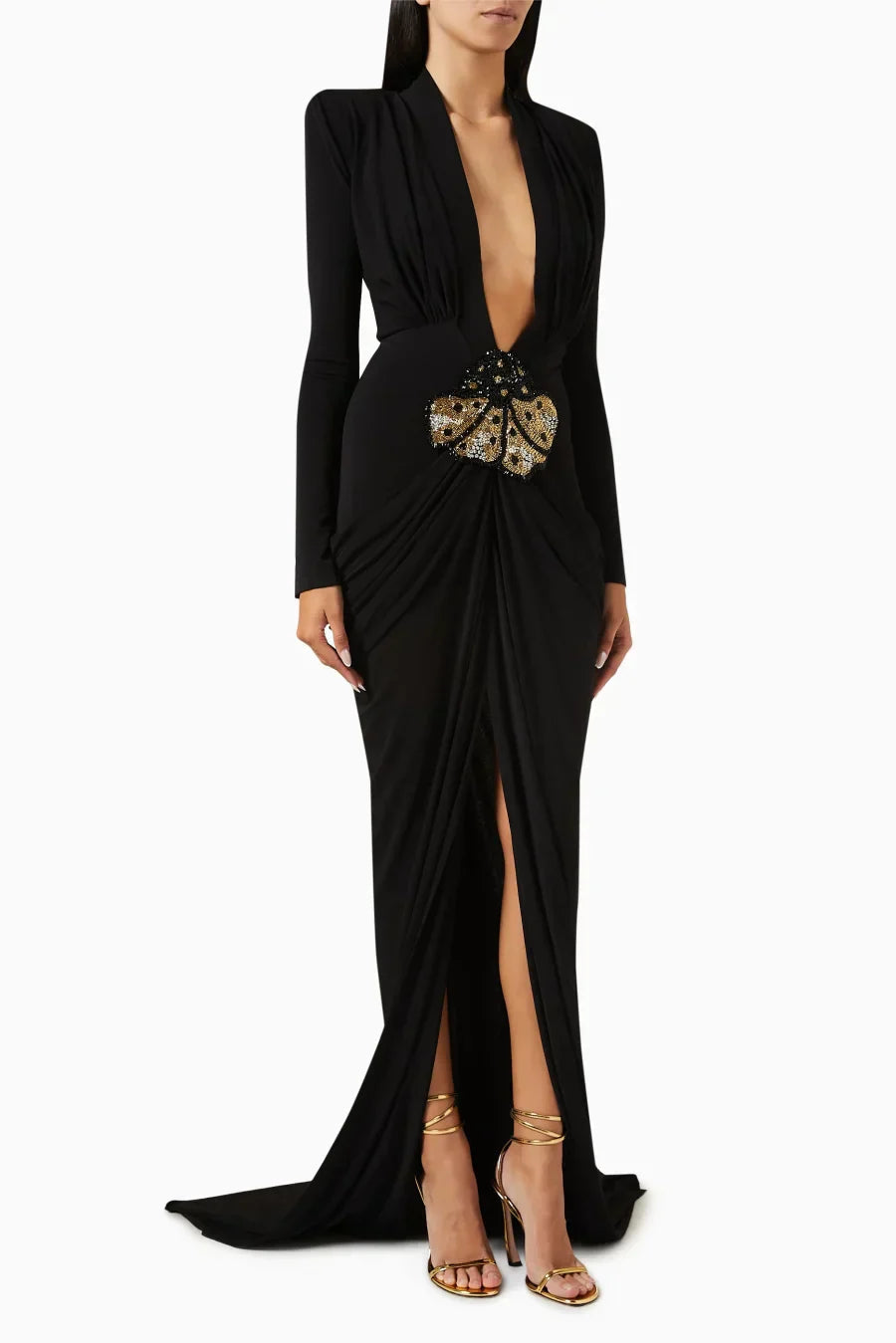 Deep V Neck Long Sleeves Black Maxi Dress Party Gown Mssaz Desses