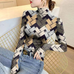 Ullover Half High Neck Geometric Underlay Vintage Printing Long Sleeve Striped T-shirt Mssza