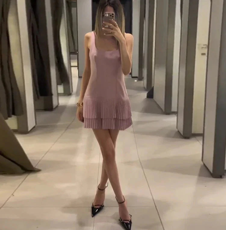Square Collar Sleeveless Pleated Short Dress Mssaz Desses