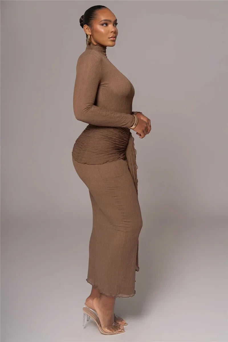 Long Sleeve Drape Turtleneck Maxi Dress Mssaz Desses