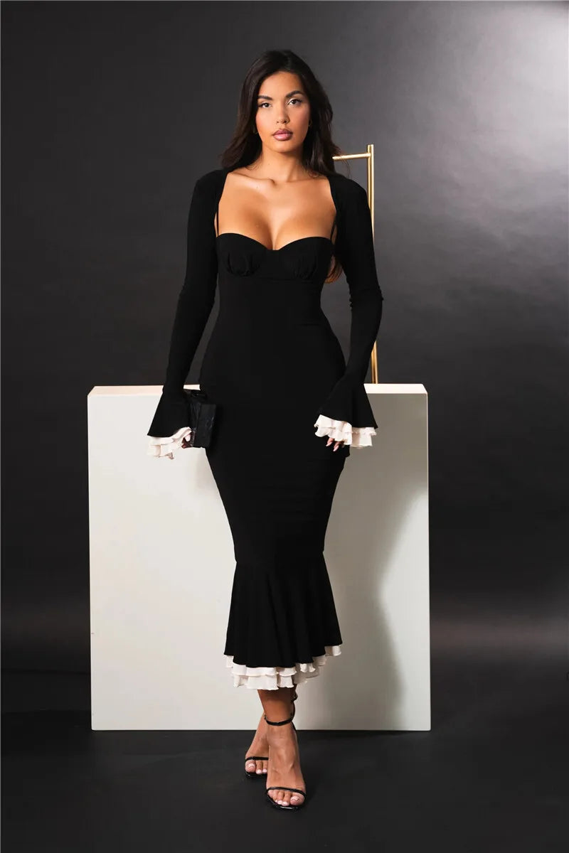 Patchwork Square Collar Evening Fishtail Dress Mssaz Desses