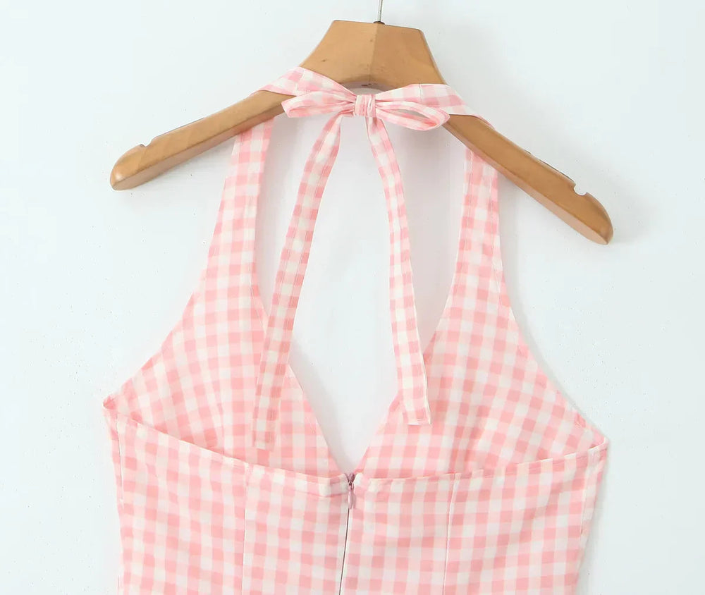Pink White Plaid Bow Halter V Collar Midi Dress Mssaz Desses
