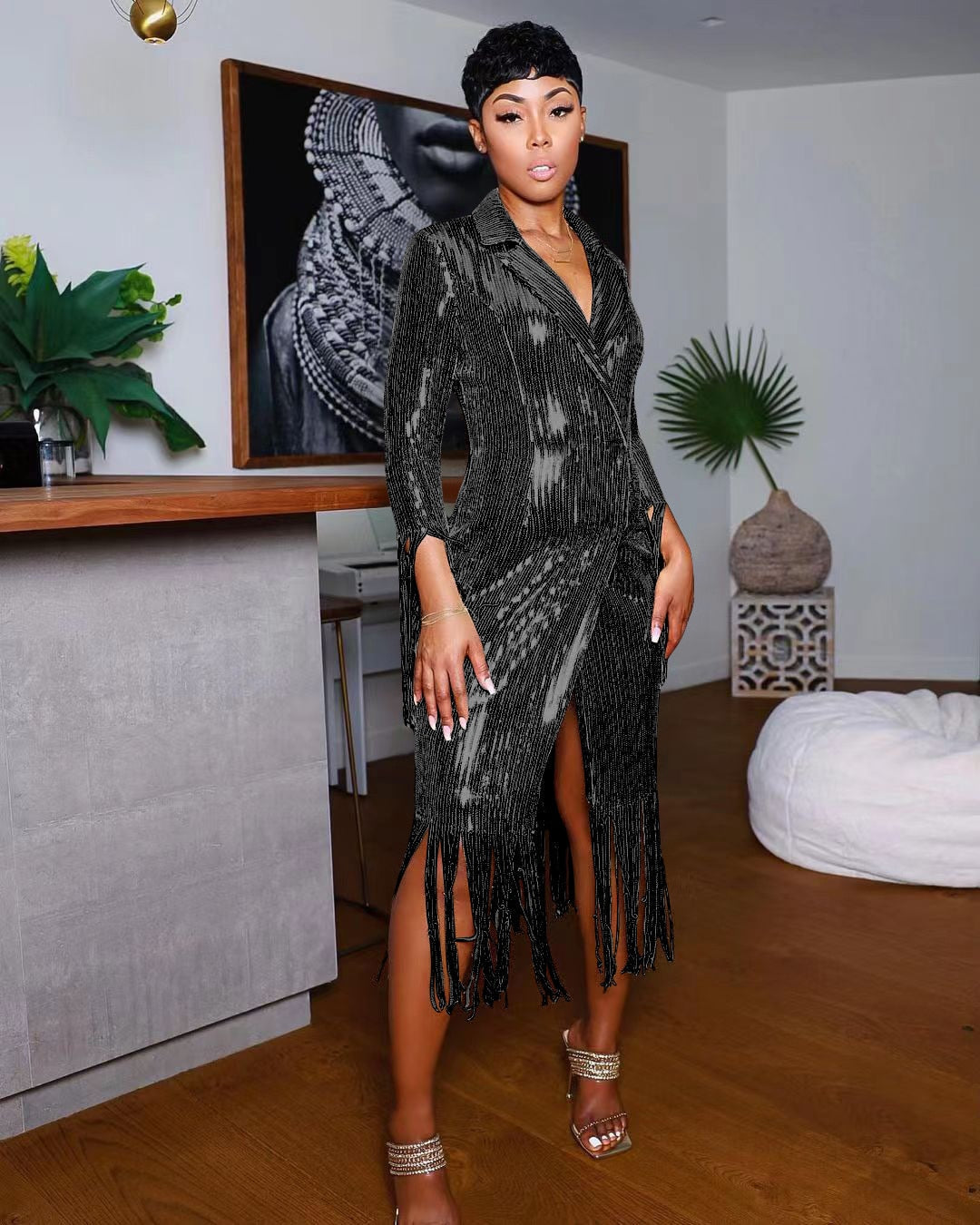 Solid Notched Tassel Sequin Decoration Knee Length Dress Mssaz Desses
