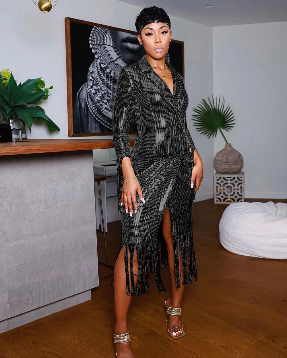 Solid Notched Tassel Sequin Decoration Knee Length Dress Mssaz Desses