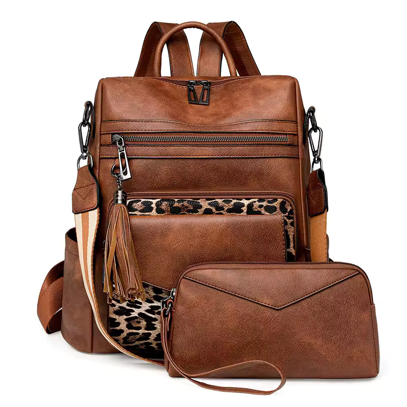 Vintage Leopard Print Block Design with Tassel Stain-Resistant Leather Backpack Mssza