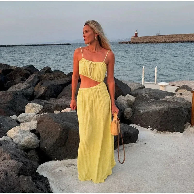 Lace Up Solid Color Open Back Long Dress Mssaz Desses