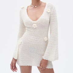 3D Flower Hand Crotch Full Flare Sleeve Sweater Dress Mssaz Desses