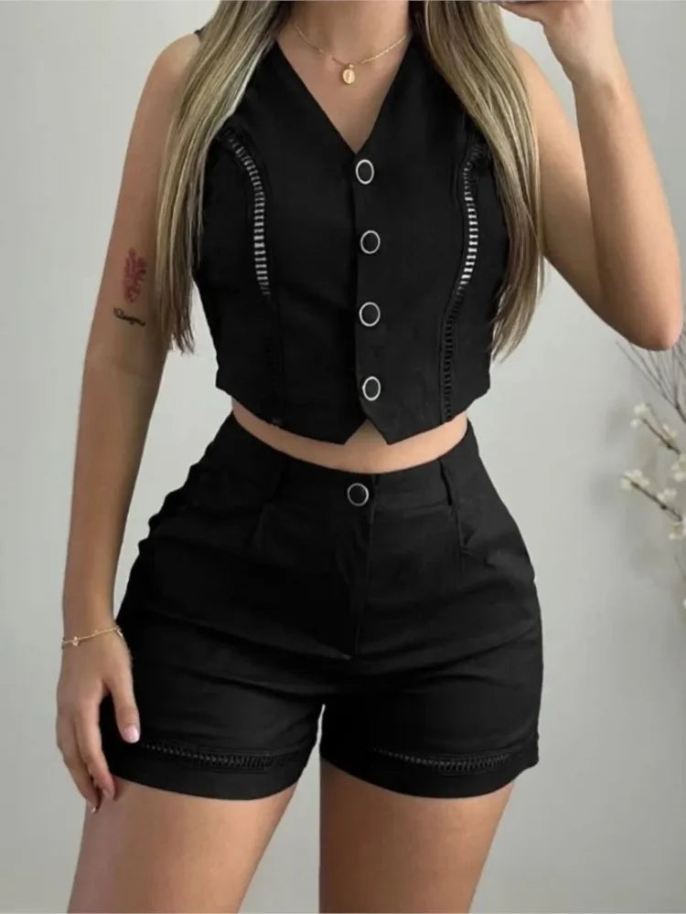 Buttons Sleeveless Solid Top and Shorts Suit Mssaz Desses
