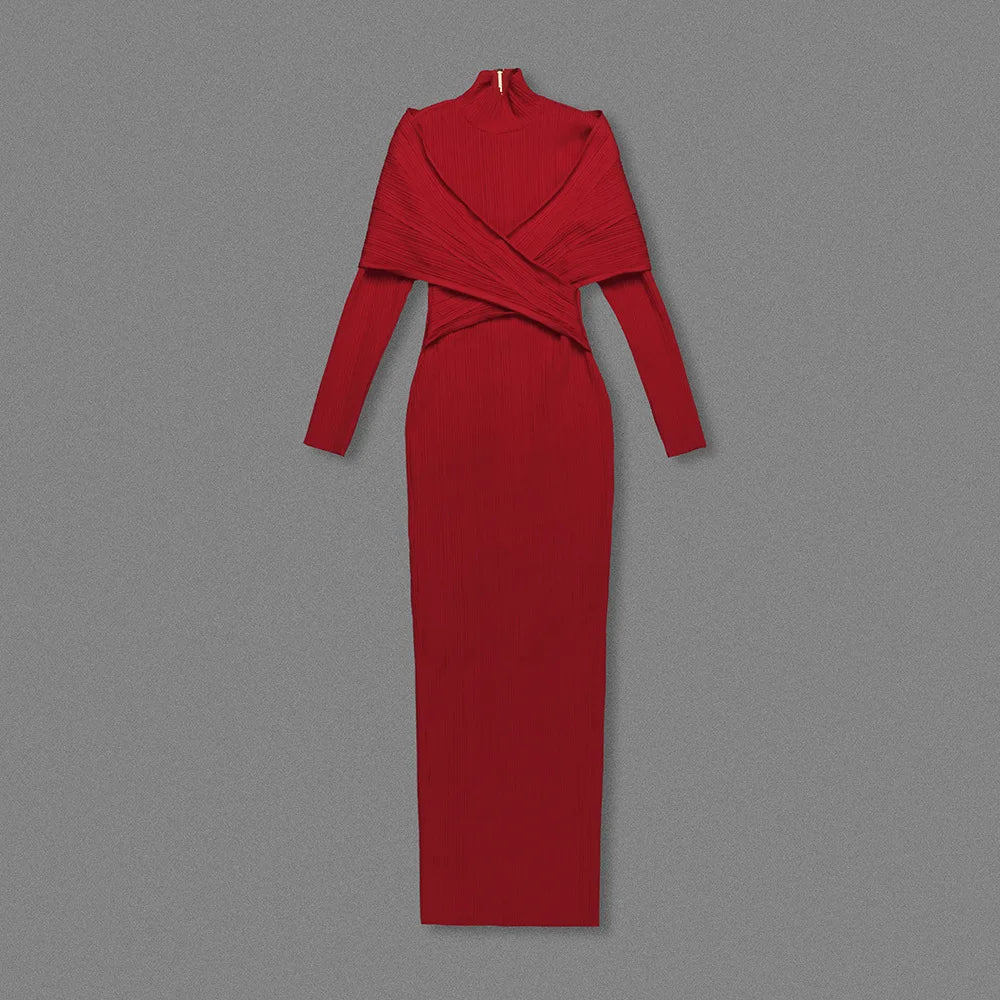 Red Bandage Turtle Neck Cross Design Long Dress Mssaz Desses