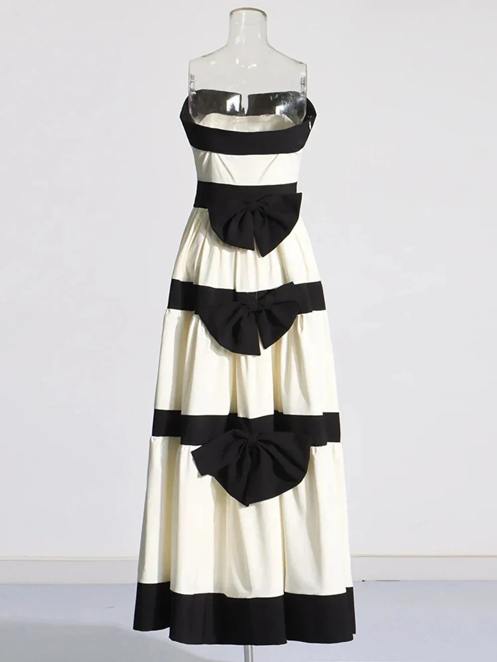 Colorblock Patchwork Bow Strapless Long Dress Mssaz Desses