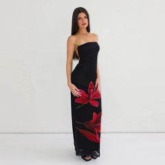 Black Tube Flower Print Back Tie Up Maxi Dress Mssaz Desses