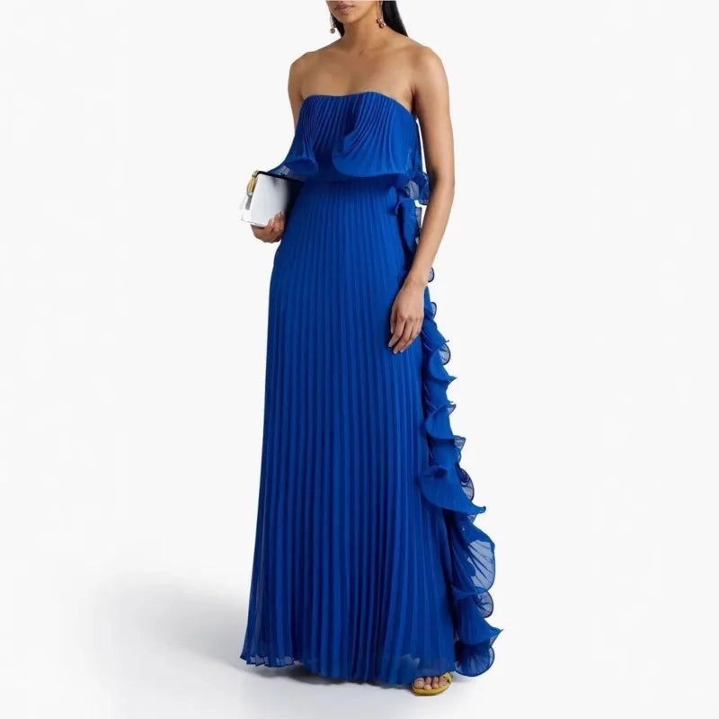 Pleated Chiffon Long Ruffled Strapless Dress Mssaz Desses