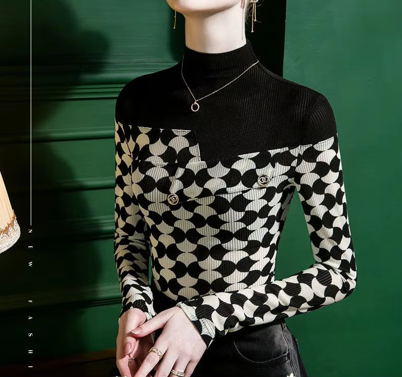 Printed Casual Half High Collar Spliced  Korean Slim Long Sleeve Printed T-shirt Mssza
