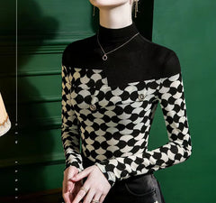 Printed Casual Half High Collar Spliced  Korean Slim Long Sleeve Printed T-shirt Mssza