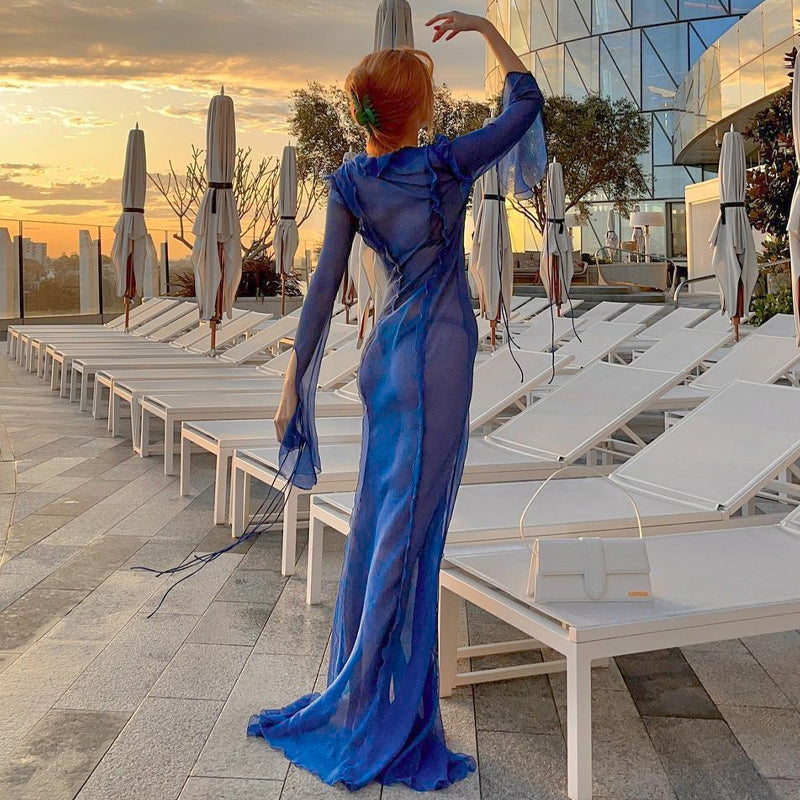 V neck Perspective Ruffle Drawstring Tight Maxi Dresses Mssaz Desses