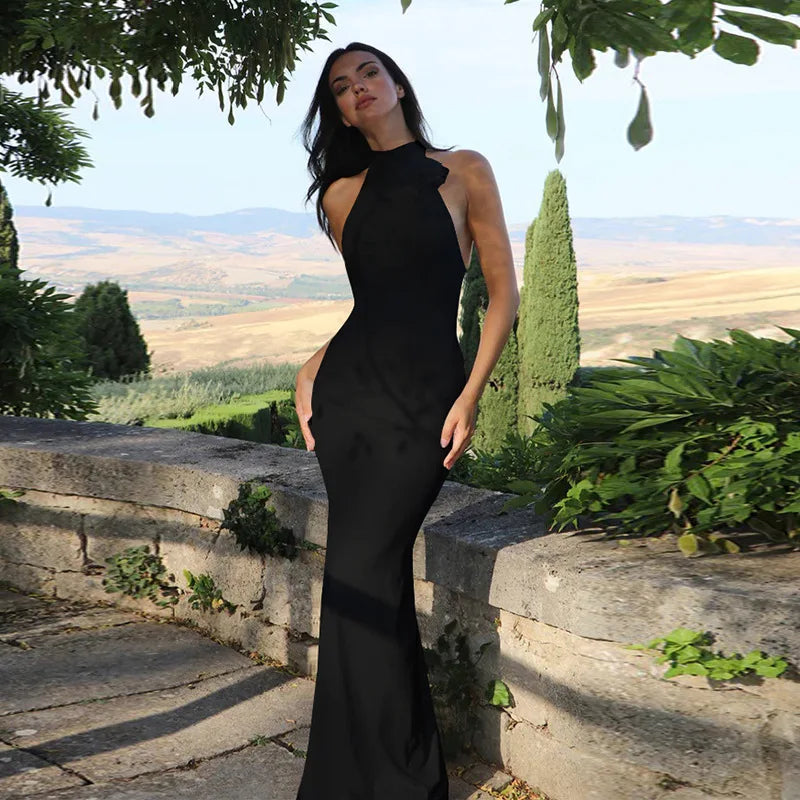Halter Flower Backless Maxi Dress Mssaz Desses