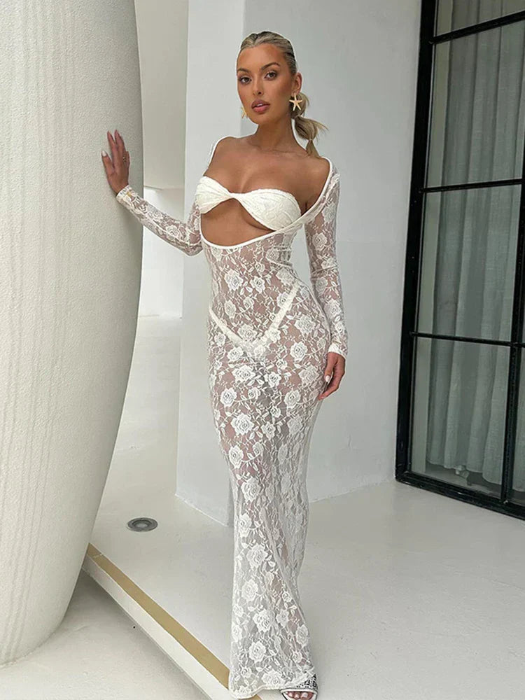 Perspective Lace Hollow Out Bodycon Maxi Dress Mssaz Desses