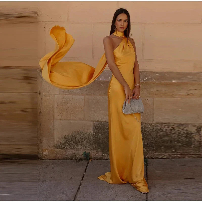 Yellow Satin Maxi Dress Mssaz Desses