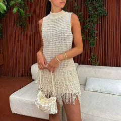 Kniitted Hollow Out Patchwork Tassel Short Dress Mssaz Desses