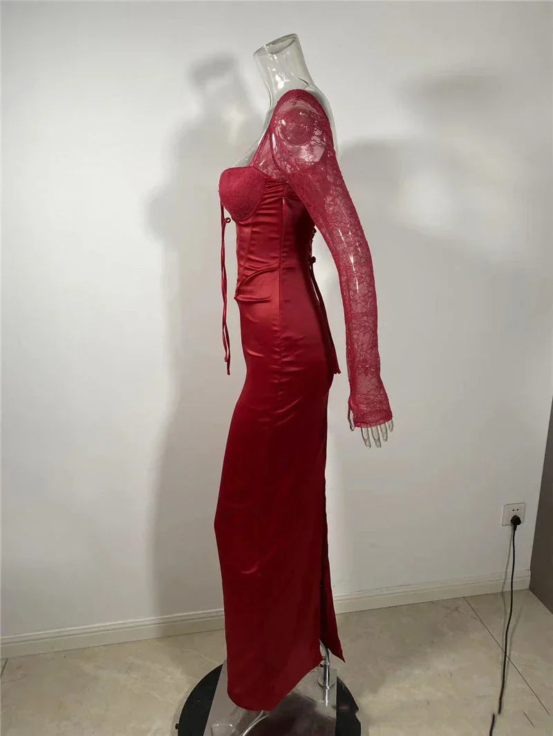 Square Collar Lace-Up Backless Long Sleeve Maxi Dress Mssaz Desses