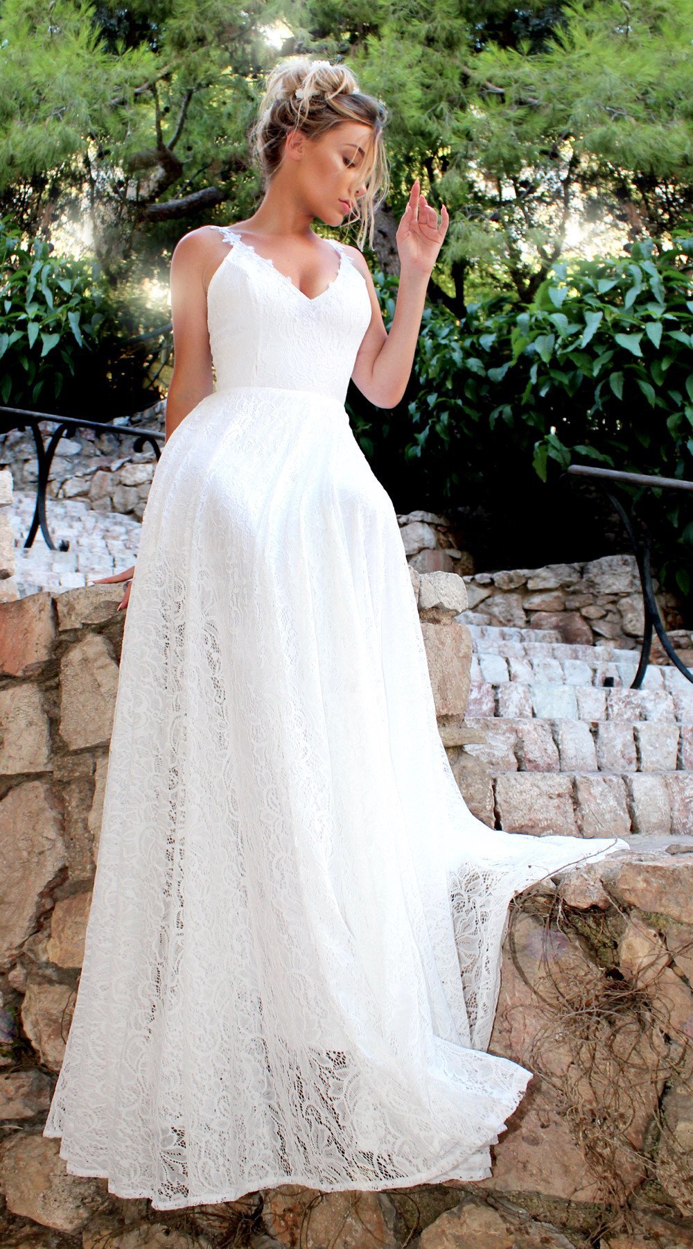 White Lace Hook Flower Hollow Patchwork Boho Long Sleeve Dresses Wedding Party Mssaz Desses