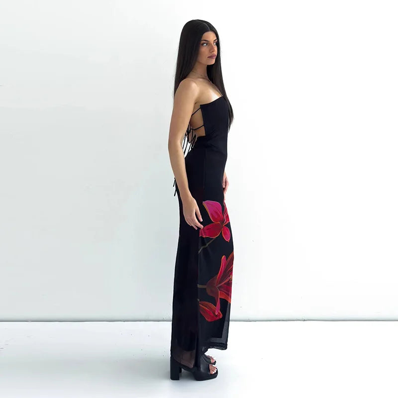 Black Tube Flower Print Back Tie Up Maxi Dress Mssaz Desses
