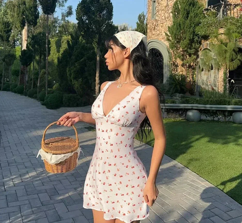 Cherry Print Sleeveless Mini Dress Mssaz Desses