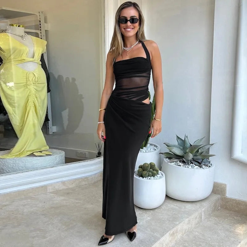 Mesh Patchwork Backless Halter Bodycon Gown Mssaz Desses