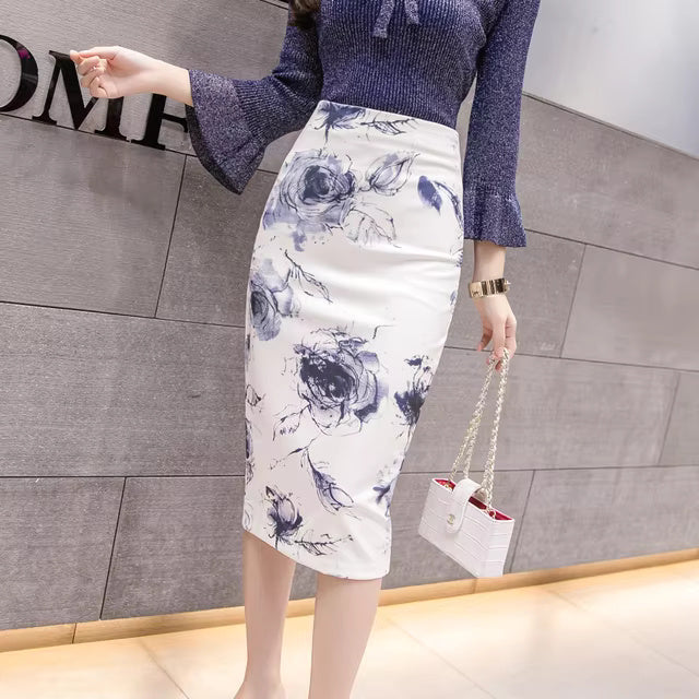 Floral Print Casual Stretch Knee Length Pencil Skirt Mssza