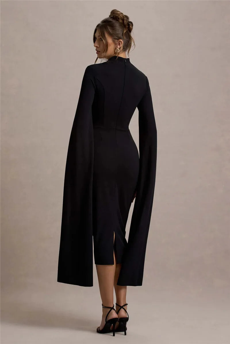 Cape Long Sleeve Square Collar Midi Dress Mssaz Desses