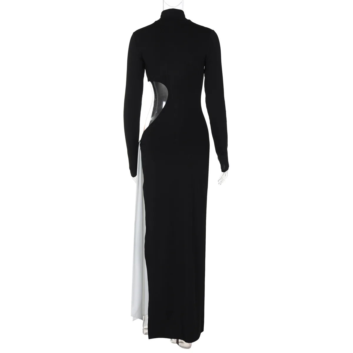 Turtleneck High Slit Contrast Color Ribbon Dress Mssaz Desses