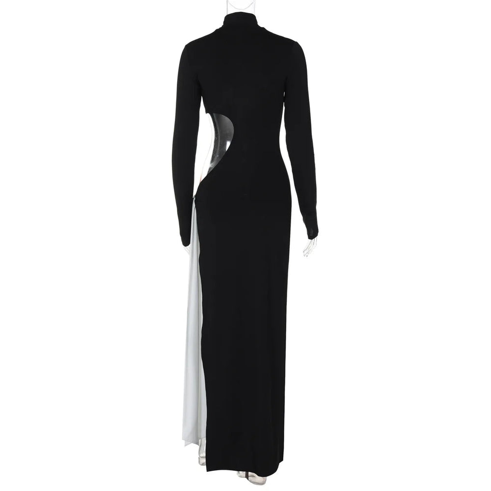 Turtleneck High Slit Contrast Color Ribbon Dress Mssaz Desses