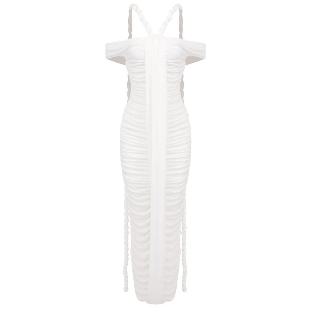Slash Neck Pleated Braid Ribbon Long Dress Mssaz Desses
