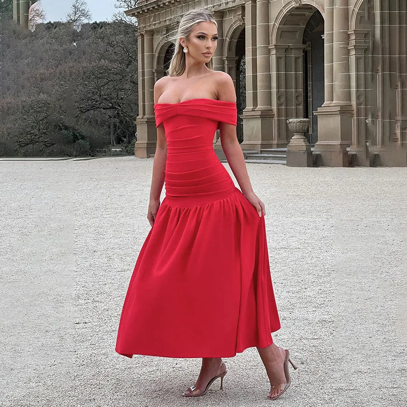 Slash Neck Off Shoulder Solid Dress Mssaz Desses