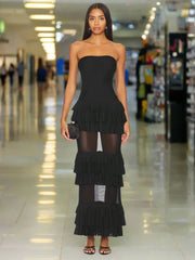 Strapless Mesh Patchwork Ruffle Dress Mssaz Desses