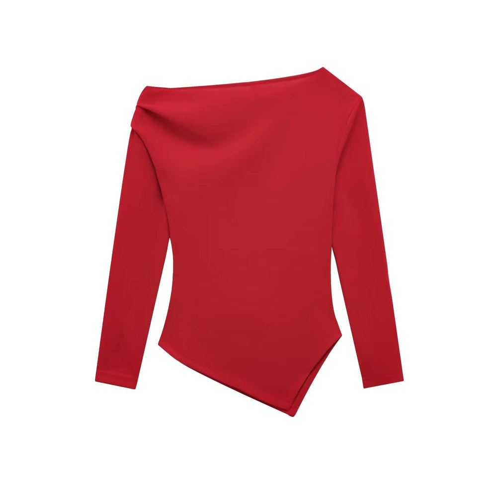 Pleated lim Elasticity Asymmetrical Slant Collar Casual Collar Tops Mssza