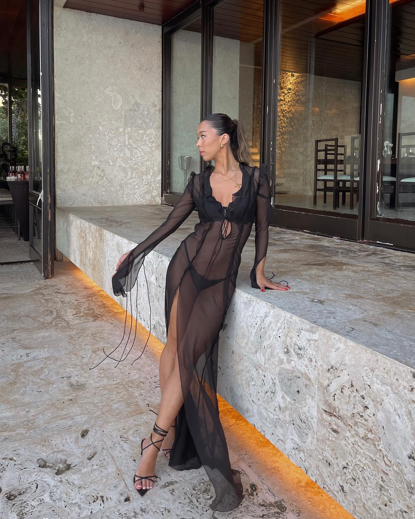 V neck Perspective Ruffle Drawstring Tight Maxi Dresses Mssaz Desses