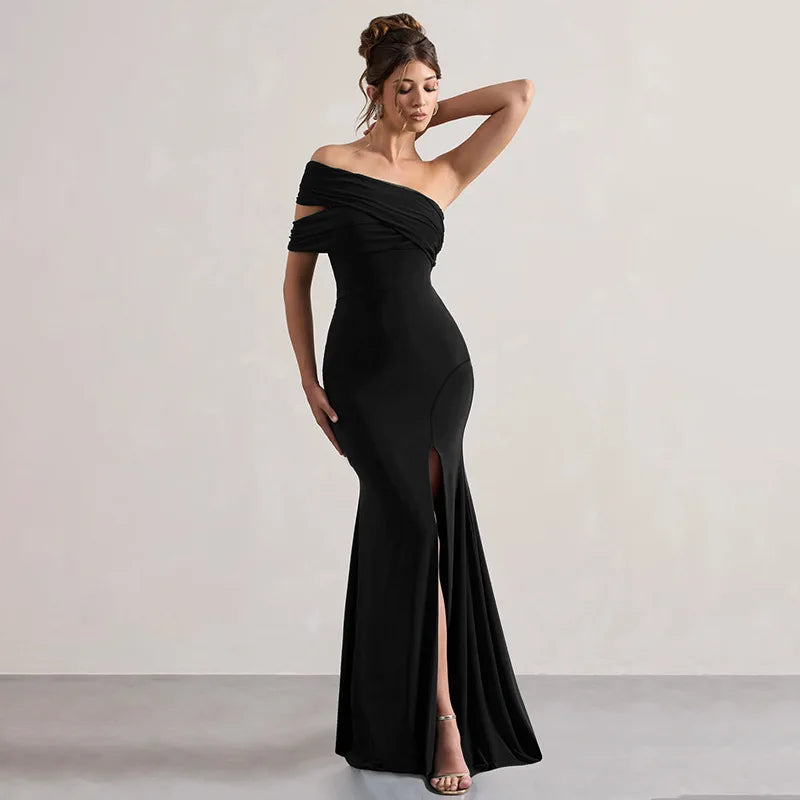 Solid One Shoulder Mesh Slit Long Dress Mssaz Desses