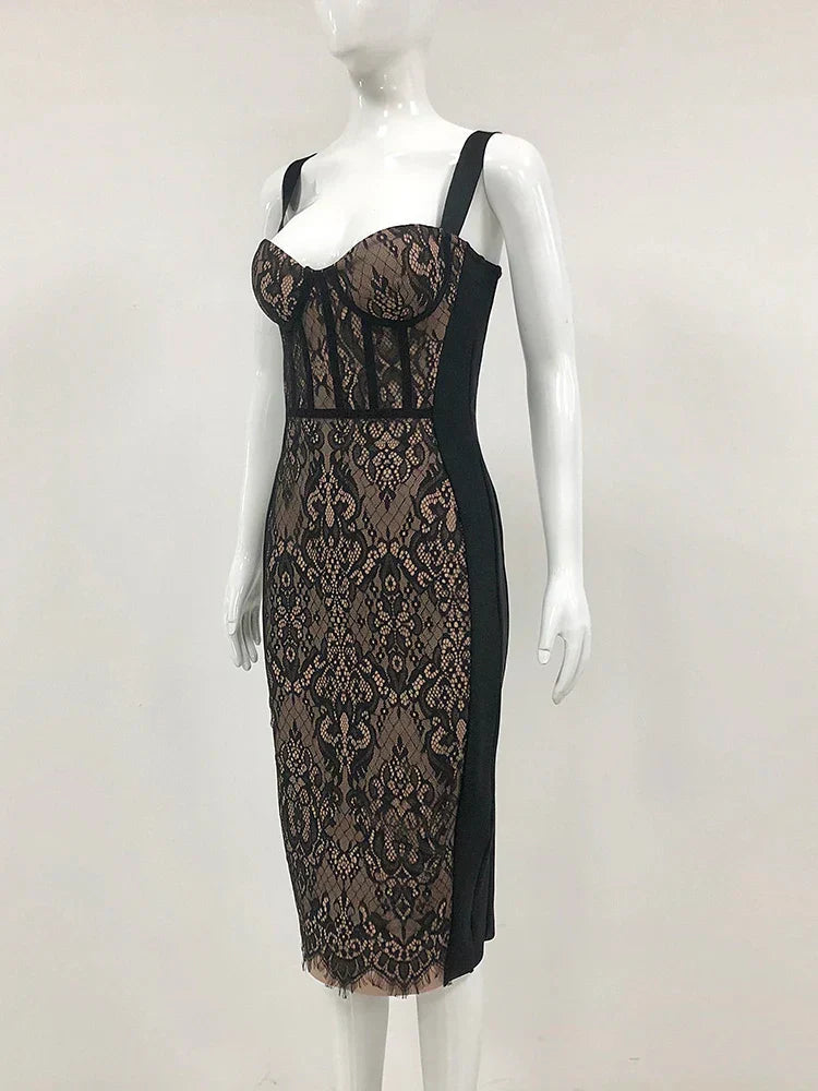 Lace Patchwork Black Midi Dress Mssaz Desses