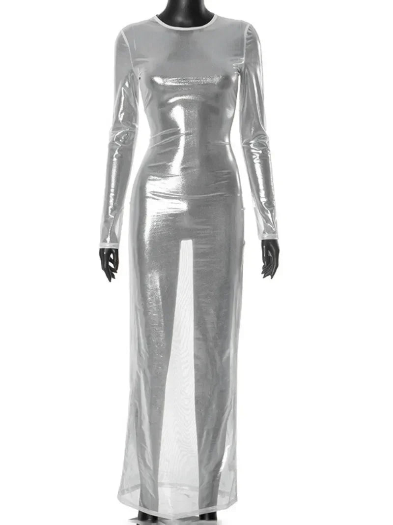 O-neck Full Sleeve Solid Color Mesh Dress Mssaz Desses