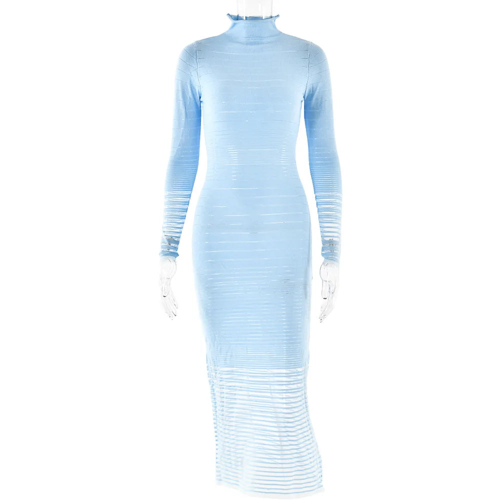 Striped Knitted Half High Collar Dress Mssaz Desses