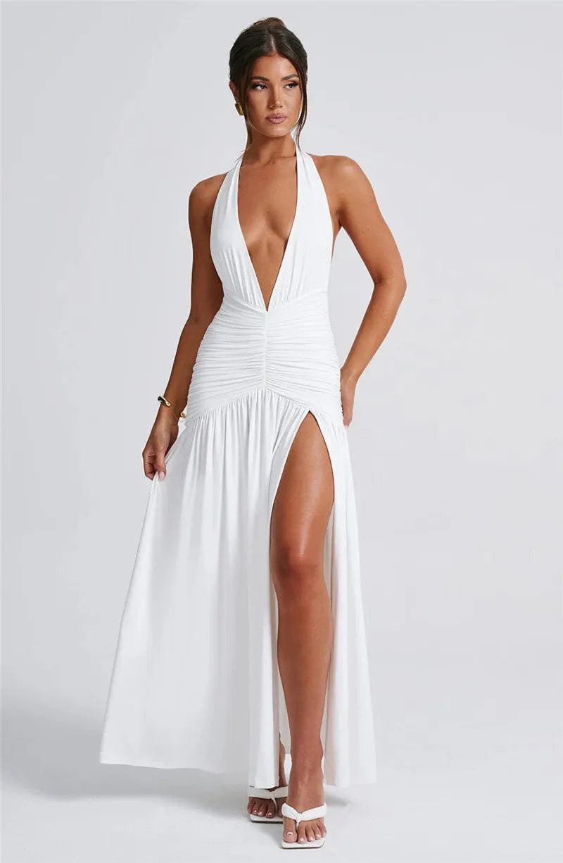 Open Back Solid Thigh High Split Long Dress Mssaz Desses