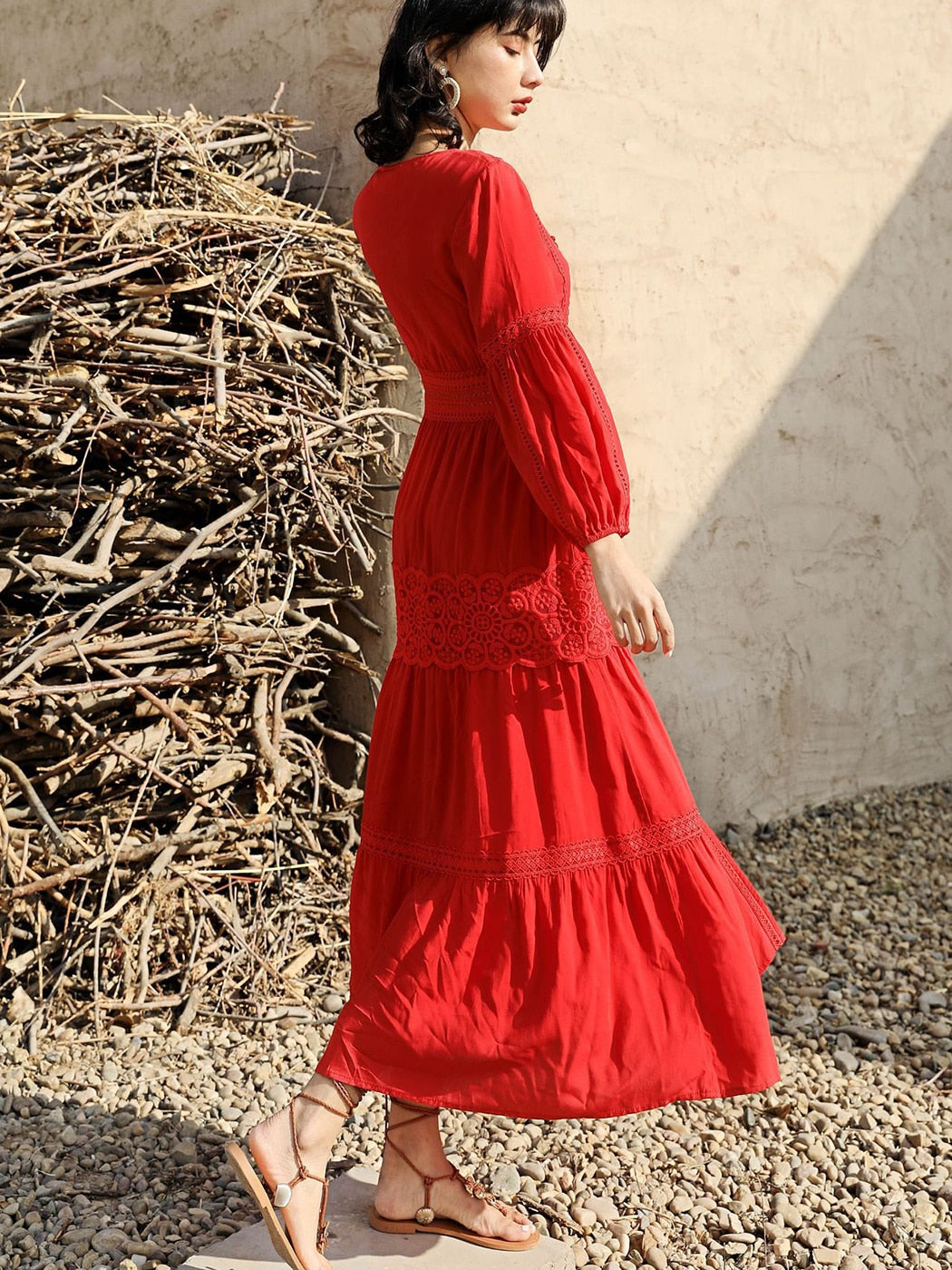 Cotton Patchwork Lace Dresses V-Neck Lantern Sleeve Maxi Dress Mssaz Desses