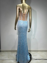 Strapless Mesh Sequins Ruffles Maxi Dress Mssaz Desses